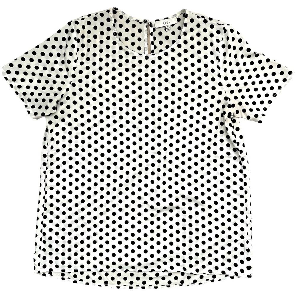 Ovi polka dot key hole back short sleeve blouse silky office capsule, size M